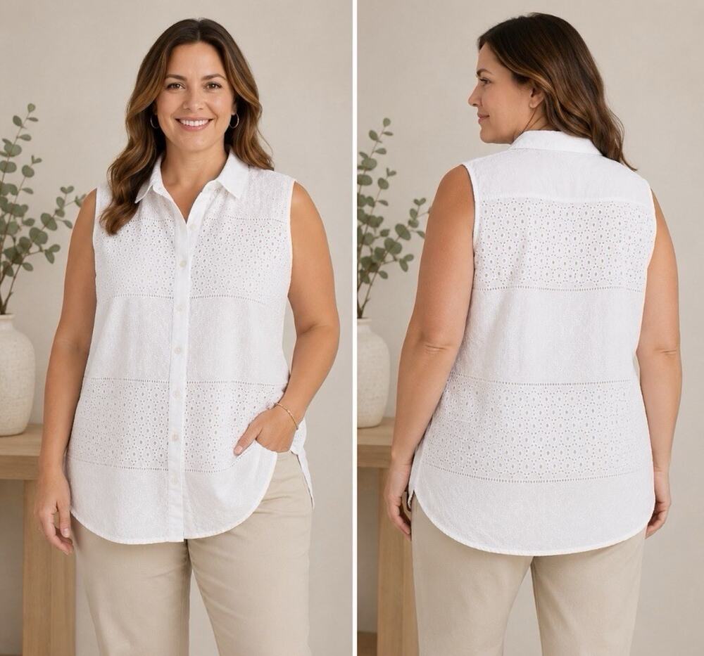 Talbots White Cotton Embroidered Eyelet Blouse Shirt Sz 16P Sleeveless Button